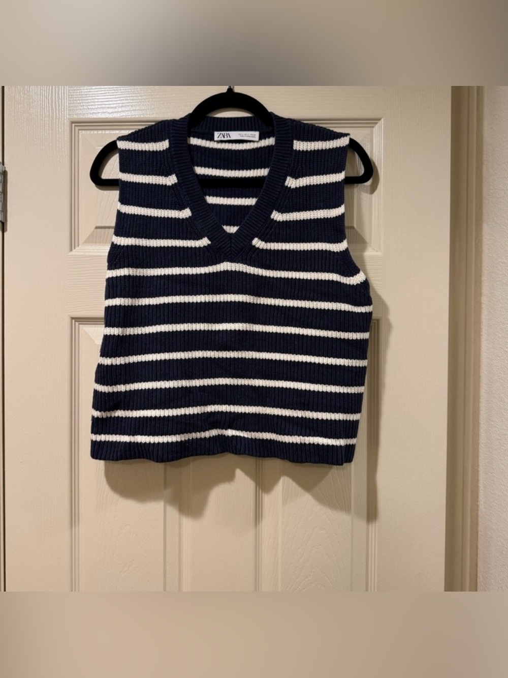 Zara Striped Knit Sweater Vest Women’s S | Navy Blue & Cream Sleeveless Pullover